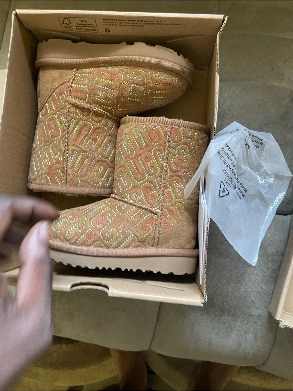 UGG Kids Tan Glitter Logo Short Boots